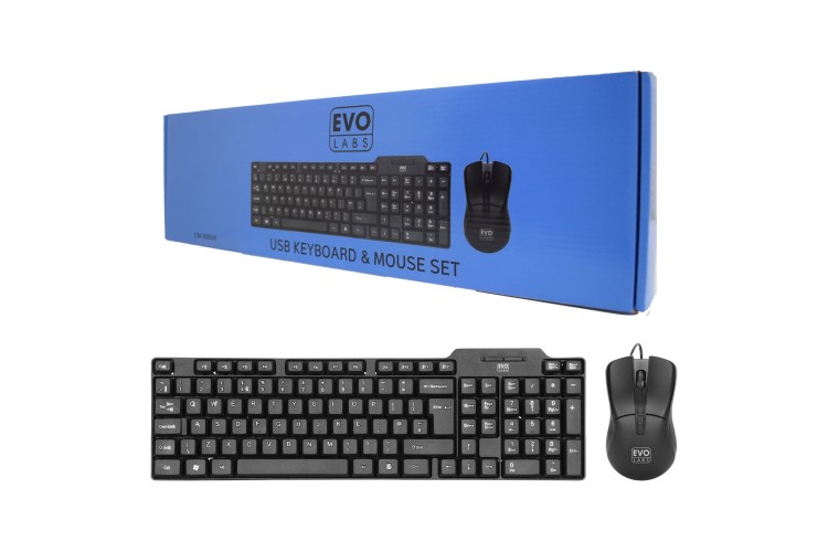 Evo Labs CM-500UK Wired Keyboard and Mouse Combo Set, USB Plug and Play, Full Size Qwerty UK Layout Keyboard with Optical Sensor Mouse, Ideal for Home or Office, Black