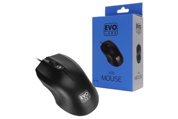 Evo Labs MO-128 Wired USB Plug and Play Mouse, 800 DPI Optical Tracking, 3 Button with Scroll Wheel,Ambidextrous Design, Matte Black